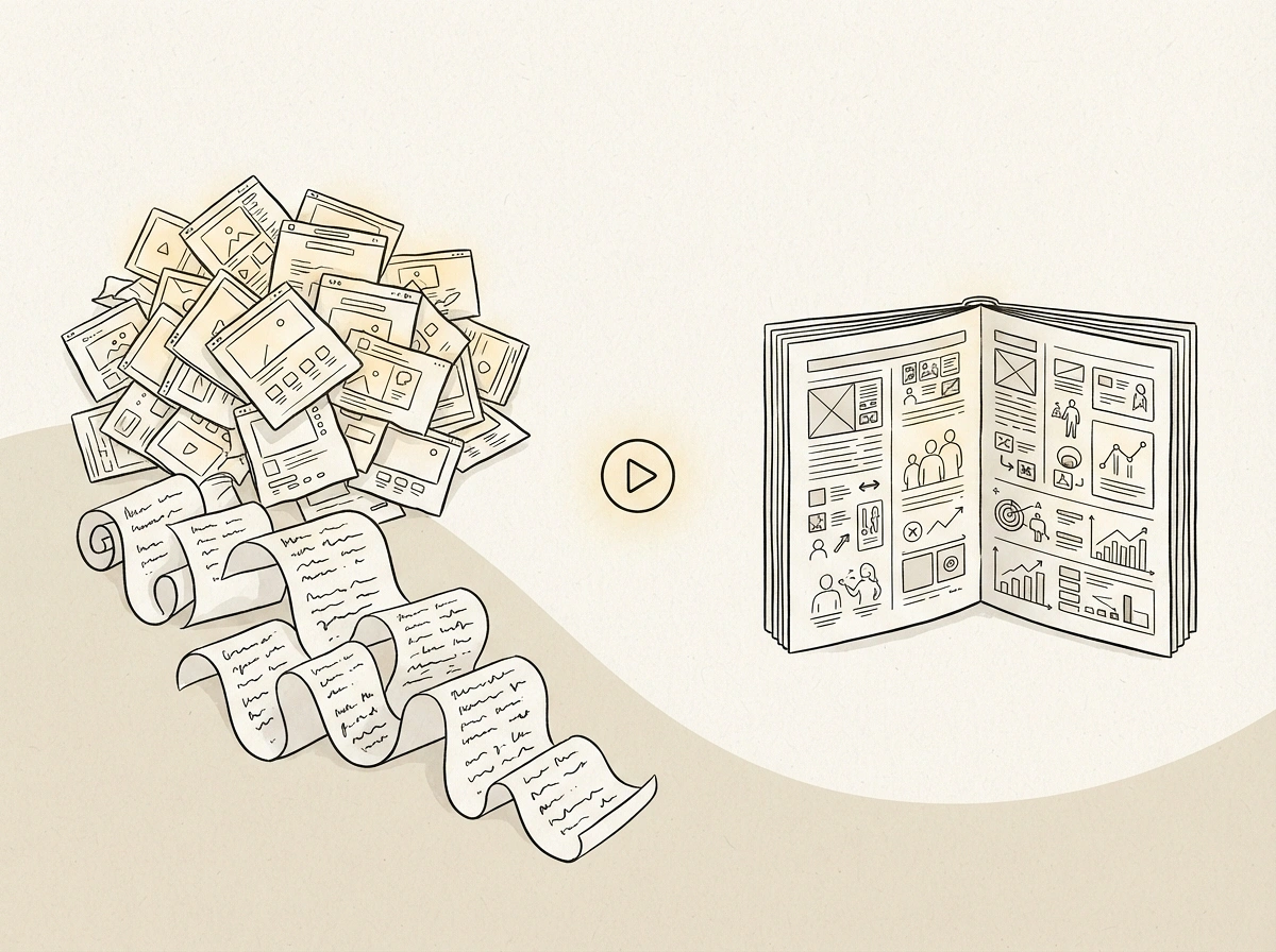 A pile of screenshots and a long transcript next to a designed PDF booklet made from a video