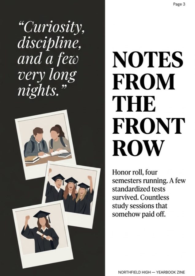 Magazine booklet interior page with a dark editorial panel, italic pull quote, tilted photo collage, oversized headline and running foot