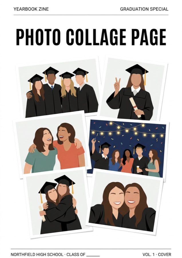 Magazine collage page with six framed photos arranged on a grid, running head, headline and footer line