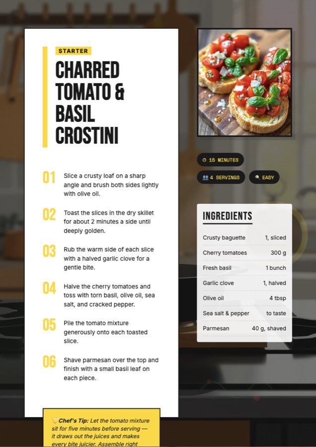 Recipe booklet page with a course label, numbered method steps on the left, a dish photo and an ingredients card on the right, plus timing pills and a chef's tip