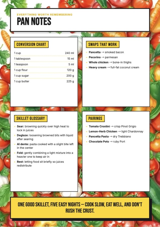 Cookbook reference page with four boxed panels covering conversions, substitutions, a glossary and pairings, over a full-bleed food background