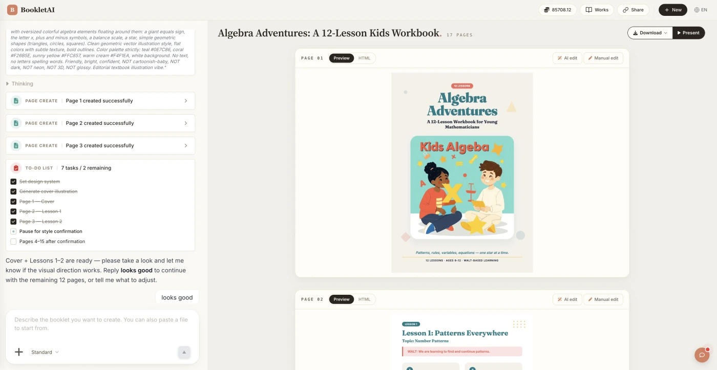 BookletAI workspace — AI agent generating a 12-lesson kids workbook page by page
