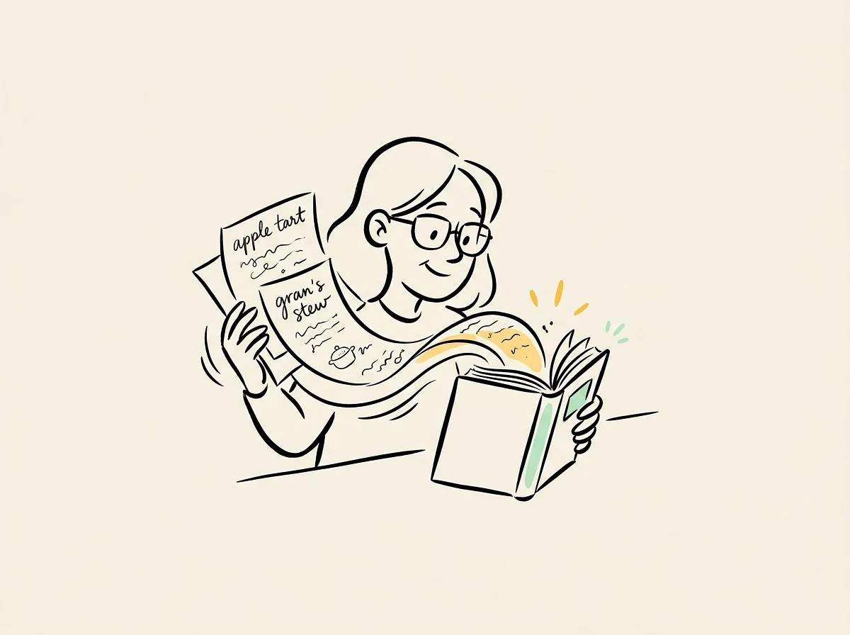 A person turning handwritten recipes into a neatly bound cookbook, illustrating the AI cookbook maker workflow