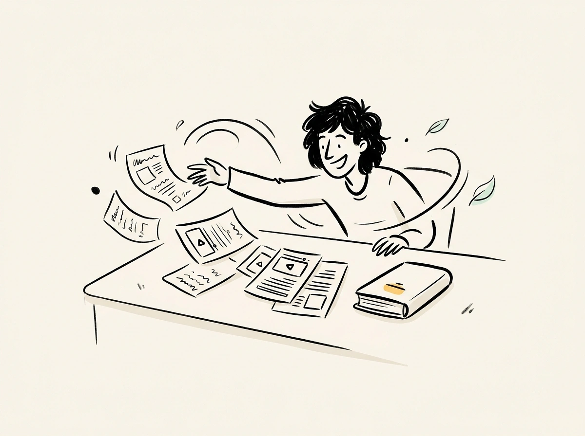 A content creator gathering scattered blog posts and video notes into a bound ebook on a desk