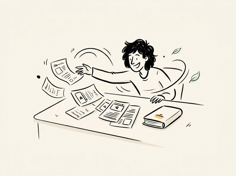 A content creator gathering scattered blog posts and video notes into a bound ebook on a desk