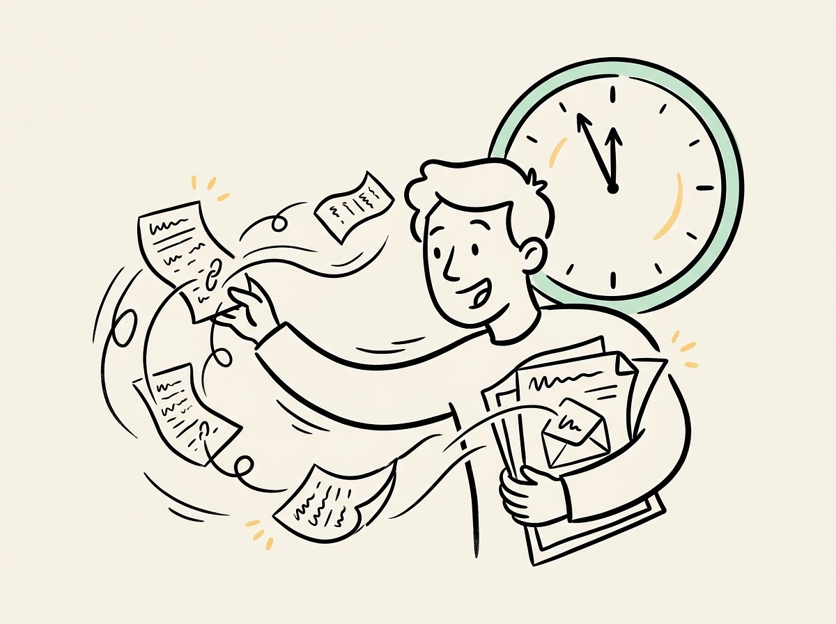 Near a deadline clock, a creator assembles scattered notes, links, and data into this week's newsletter issue
