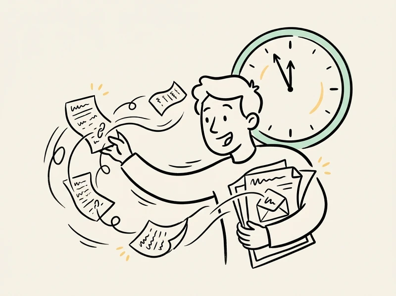 Near a deadline clock, a creator assembles scattered notes, links, and data into this week's newsletter issue