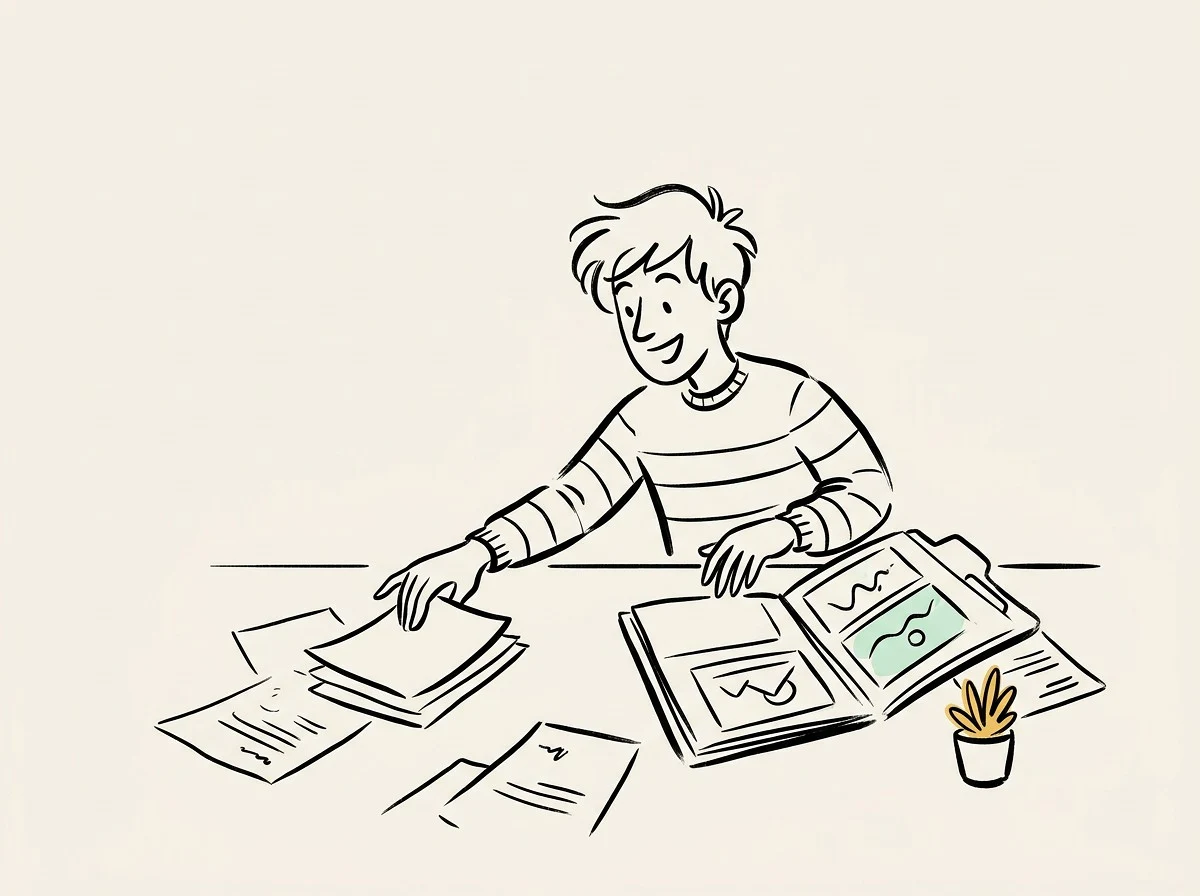 A designer carefully selecting a few of their best works from scattered project files to place into a printed portfolio folder