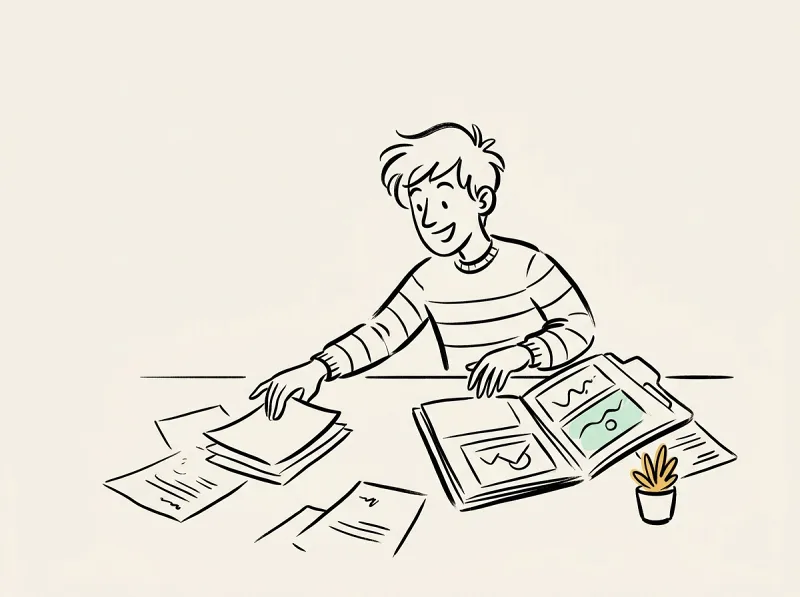 A designer carefully selecting a few of their best works from scattered project files to place into a printed portfolio folder