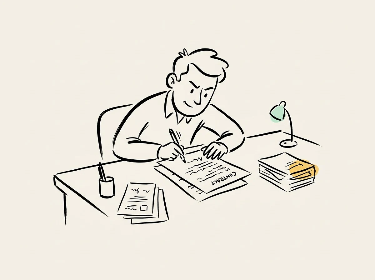 A person at a tidy desk quickly drafting a multi-page contract from structured inputs, ready to hand to a lawyer