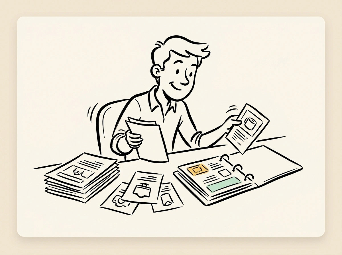 A retailer at a desk organizing many product photos and specs into a printed product catalog