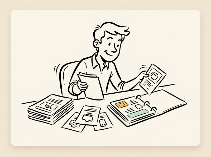 A retailer at a desk organizing many product photos and specs into a printed product catalog