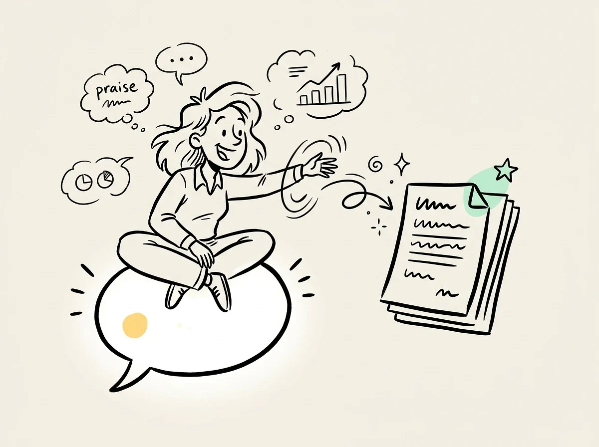 A marketer gathering customer testimonials and results data into a polished case study document