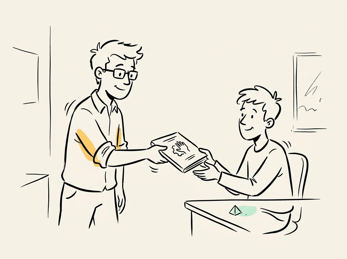 A team lead handing a printed reference handbook to a colleague at a modest office