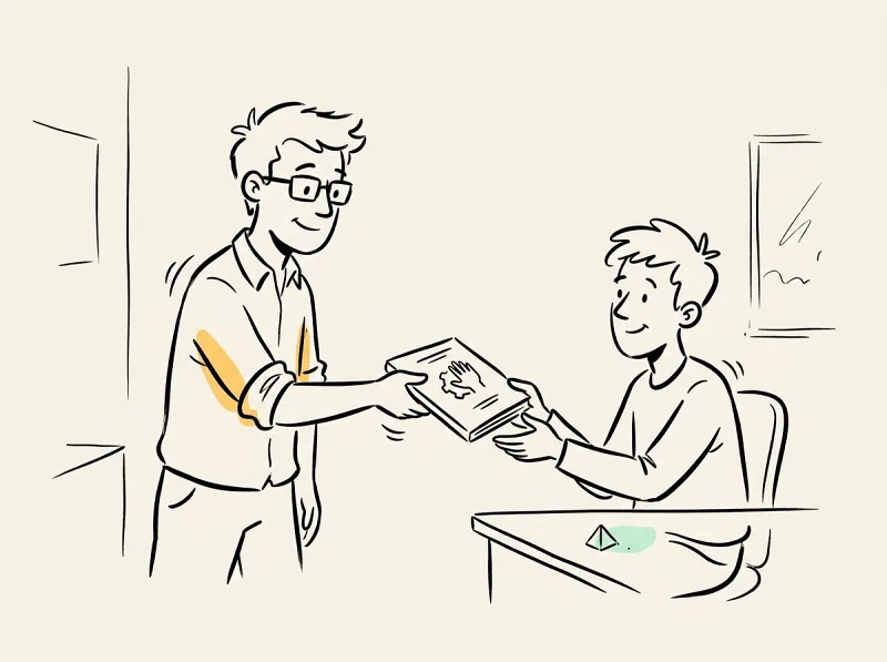 A team lead handing a printed reference handbook to a colleague at a modest office