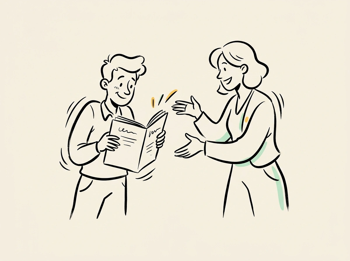 A new employee receiving a printed onboarding handbook on their first day from a manager