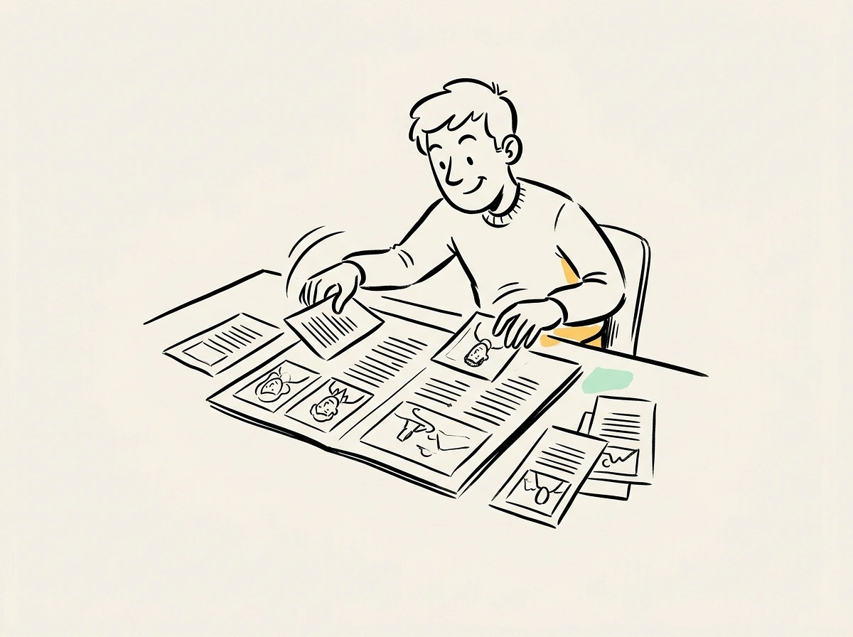 A creator arranging articles and photos into a printed glossy magazine layout on a desk