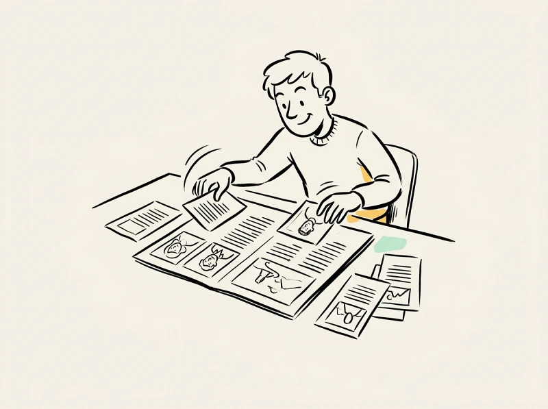 A creator arranging articles and photos into a printed glossy magazine layout on a desk