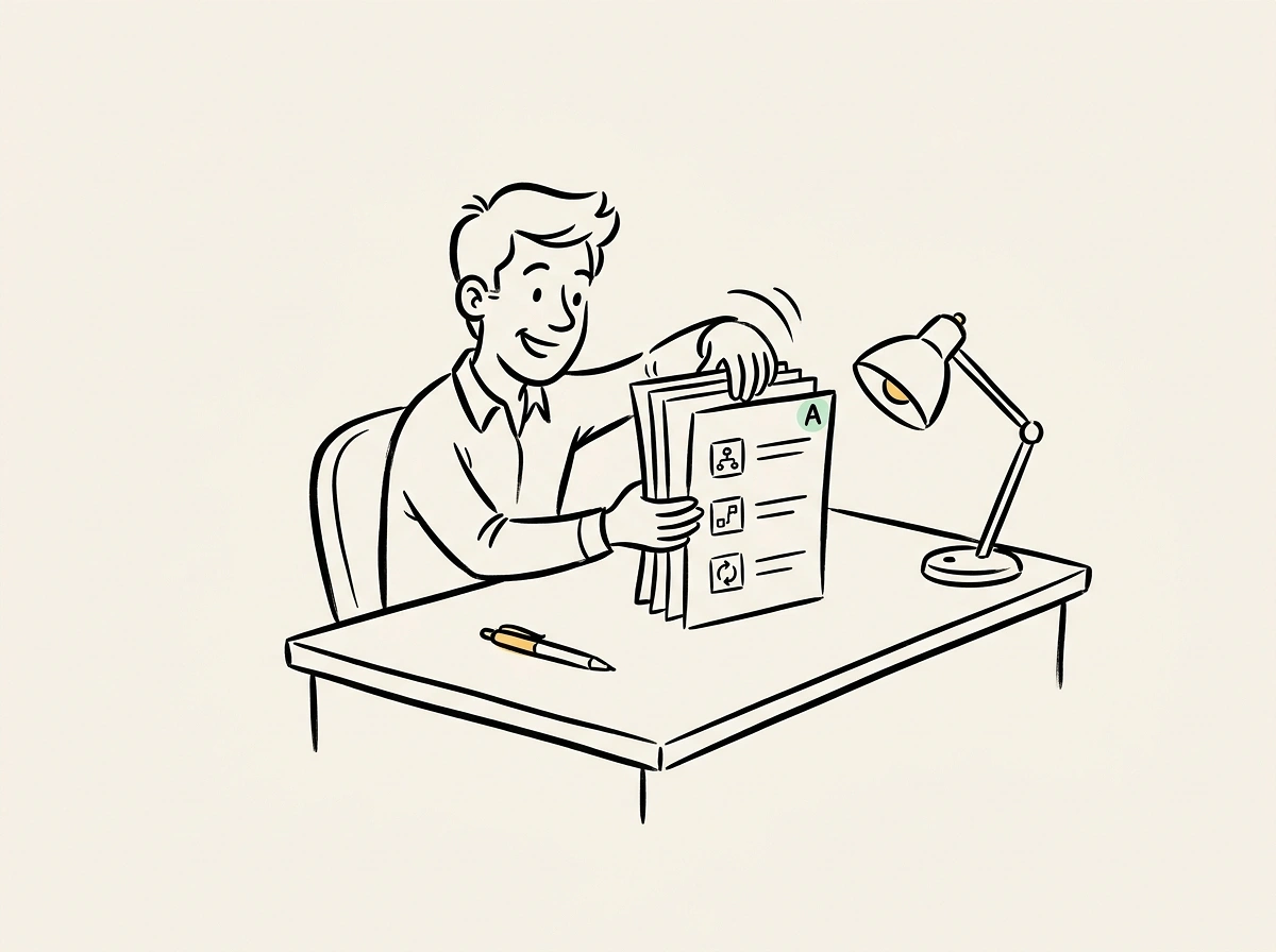 A technical writer assembling a clear step-by-step printed user manual at a tidy desk