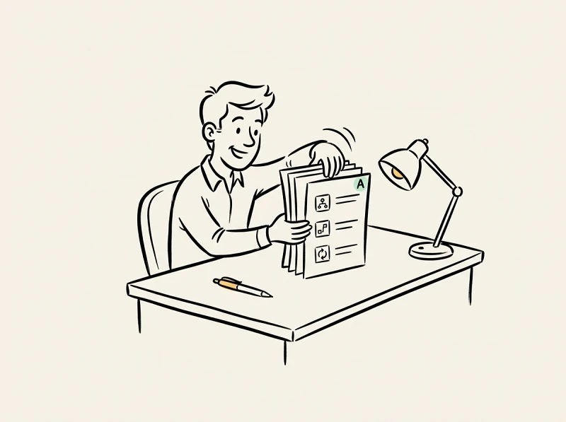 A technical writer assembling a clear step-by-step printed user manual at a tidy desk