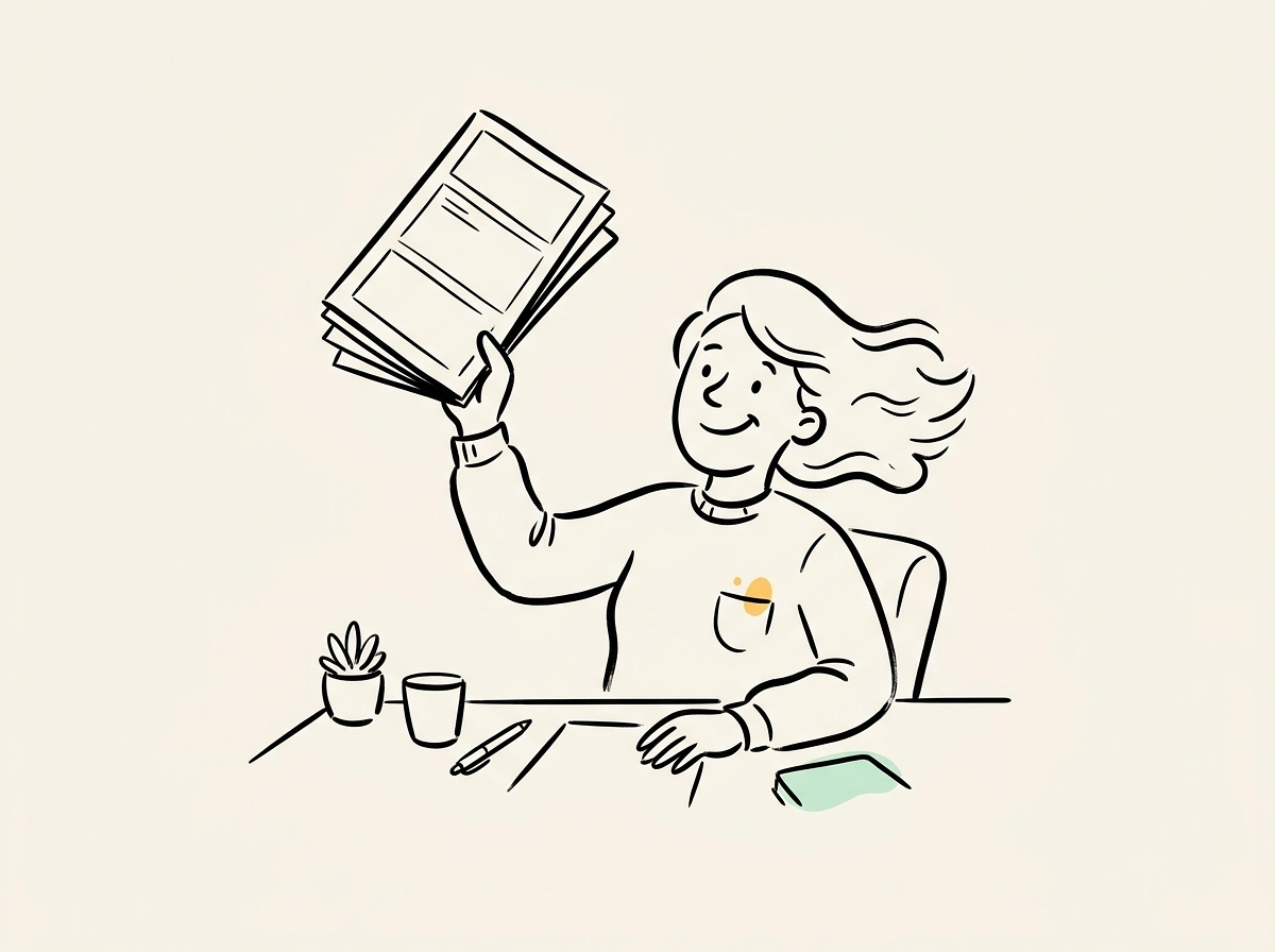 A person confidently holding up a freshly created multi-page booklet at a tidy desk
