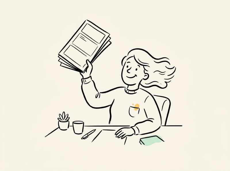 A person confidently holding up a freshly created multi-page booklet at a tidy desk