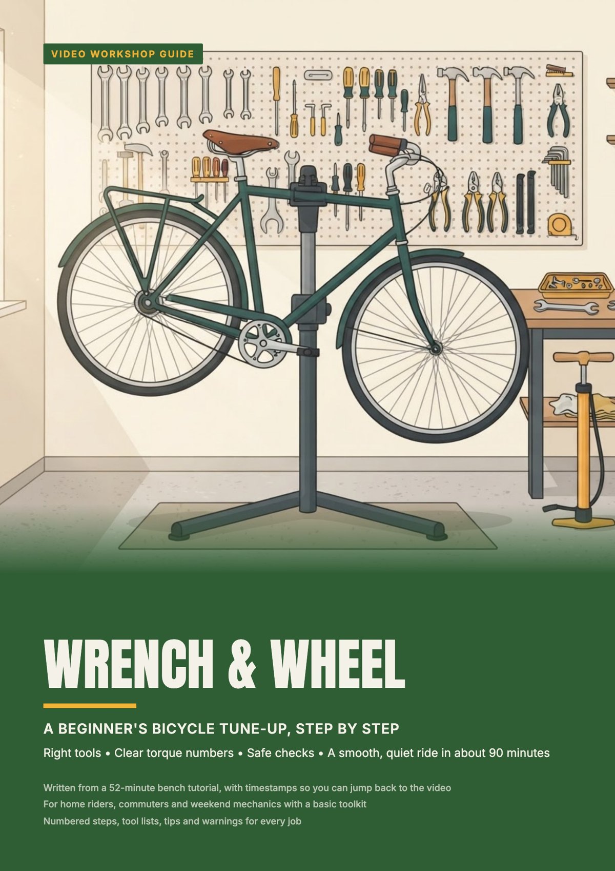 Bicycle tune-up guide cover, a PDF designed by AI from a 52-minute tutorial video